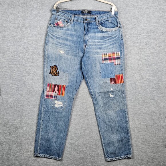 Ralph Lauren Patchwork LRL Embroidered Relaxed Tapered Hight Rise Jean Sz 10 - Picture 1 of 16